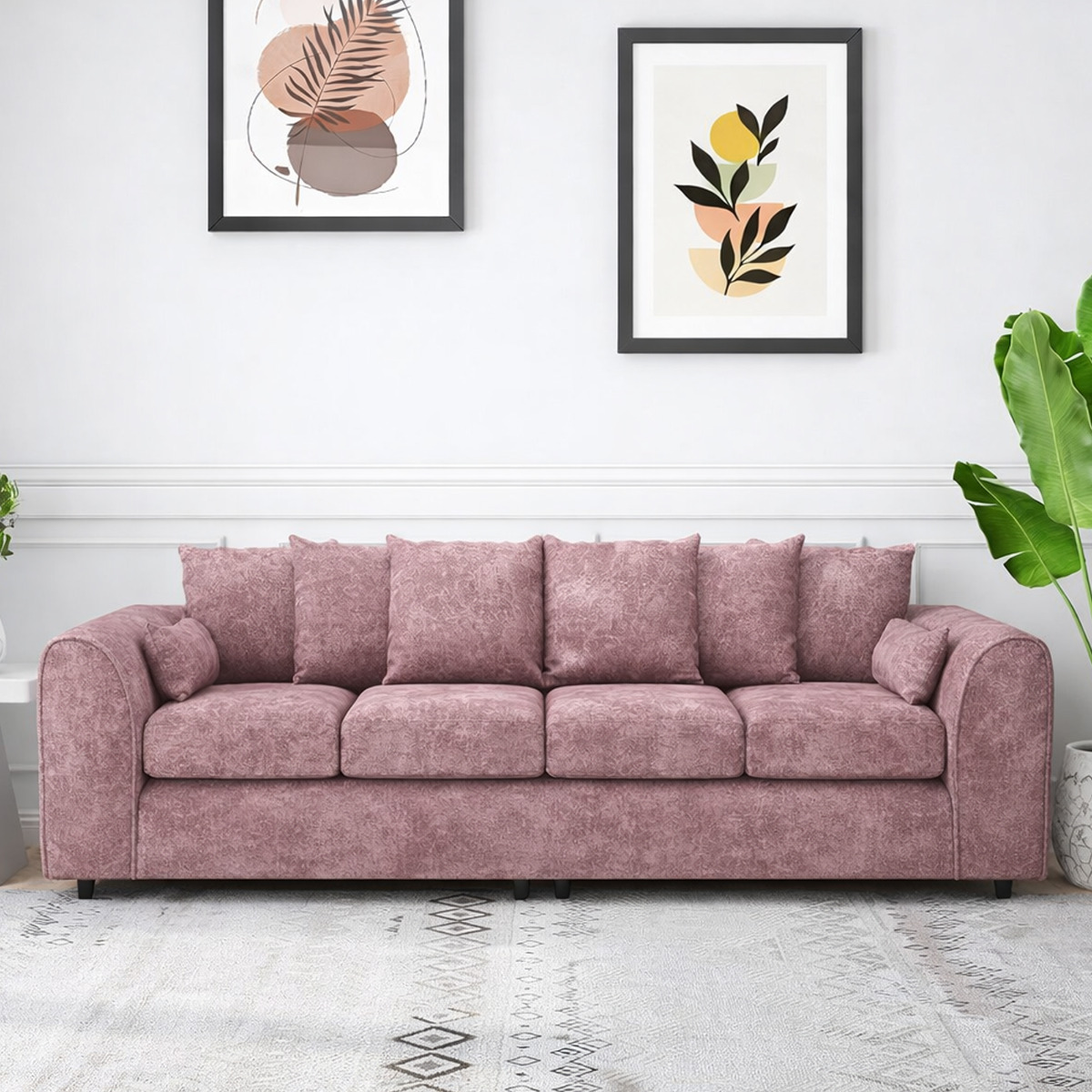 LORVANI Chenille Fabric 4 Seater Scatterback Sofa - Pink