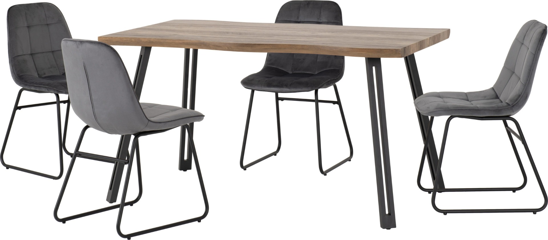 Quebec Wave Edge Dining Set with Lukas Chairs - Oak Effect Black Grey Velvet