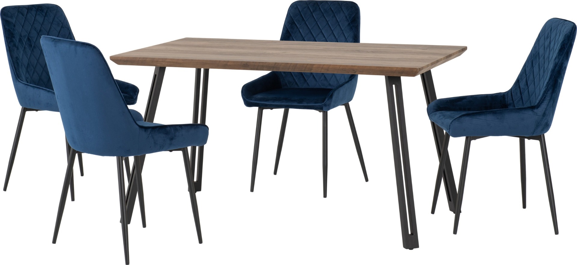 Quebec Straight Edge Dining Set with Avery Chairs - Oak Effect Black Sapphire Blue Velvet
