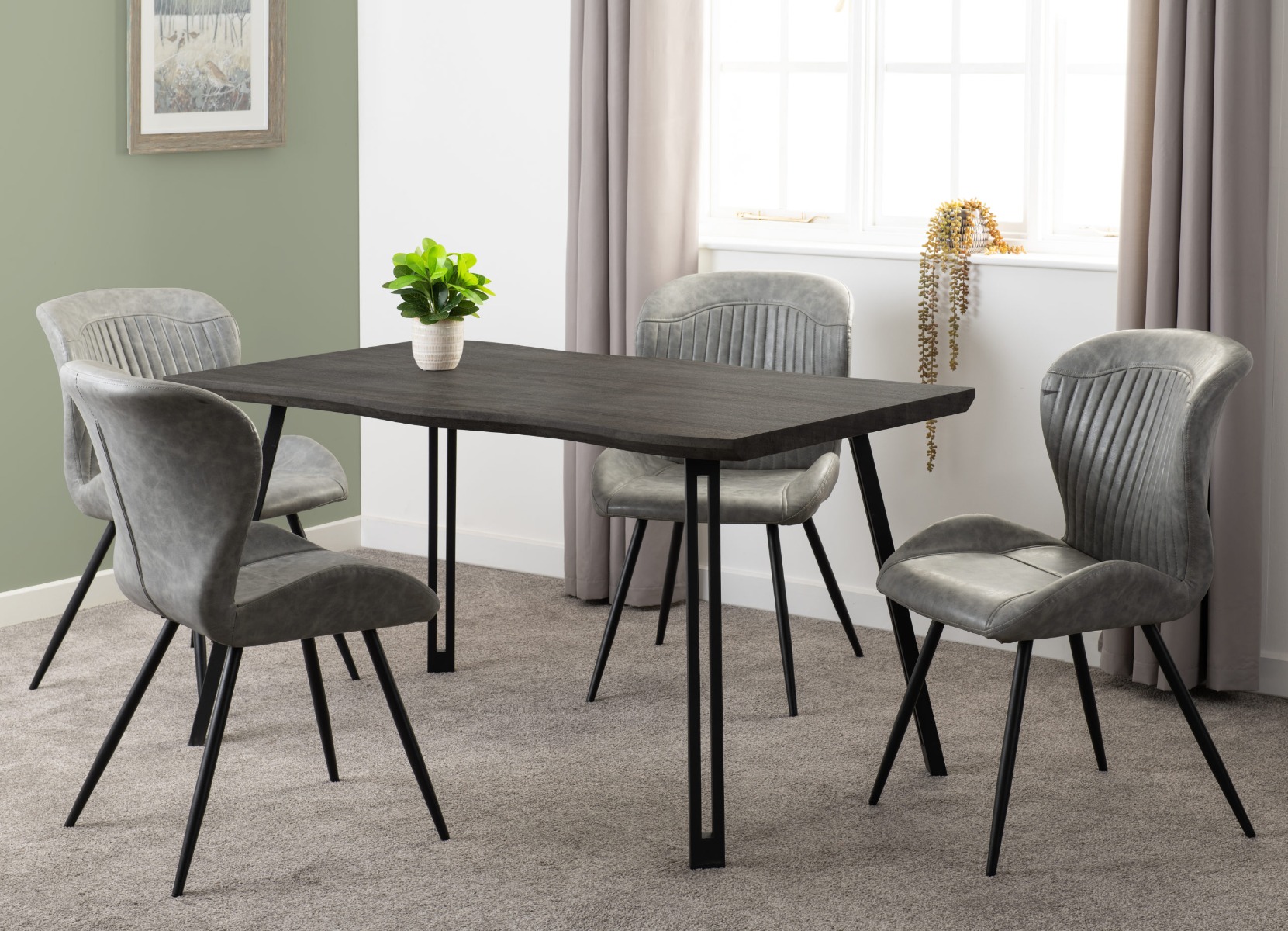Quebec Wave Edge Dining Set - Black Wood Grain Black Grey Faux Leather