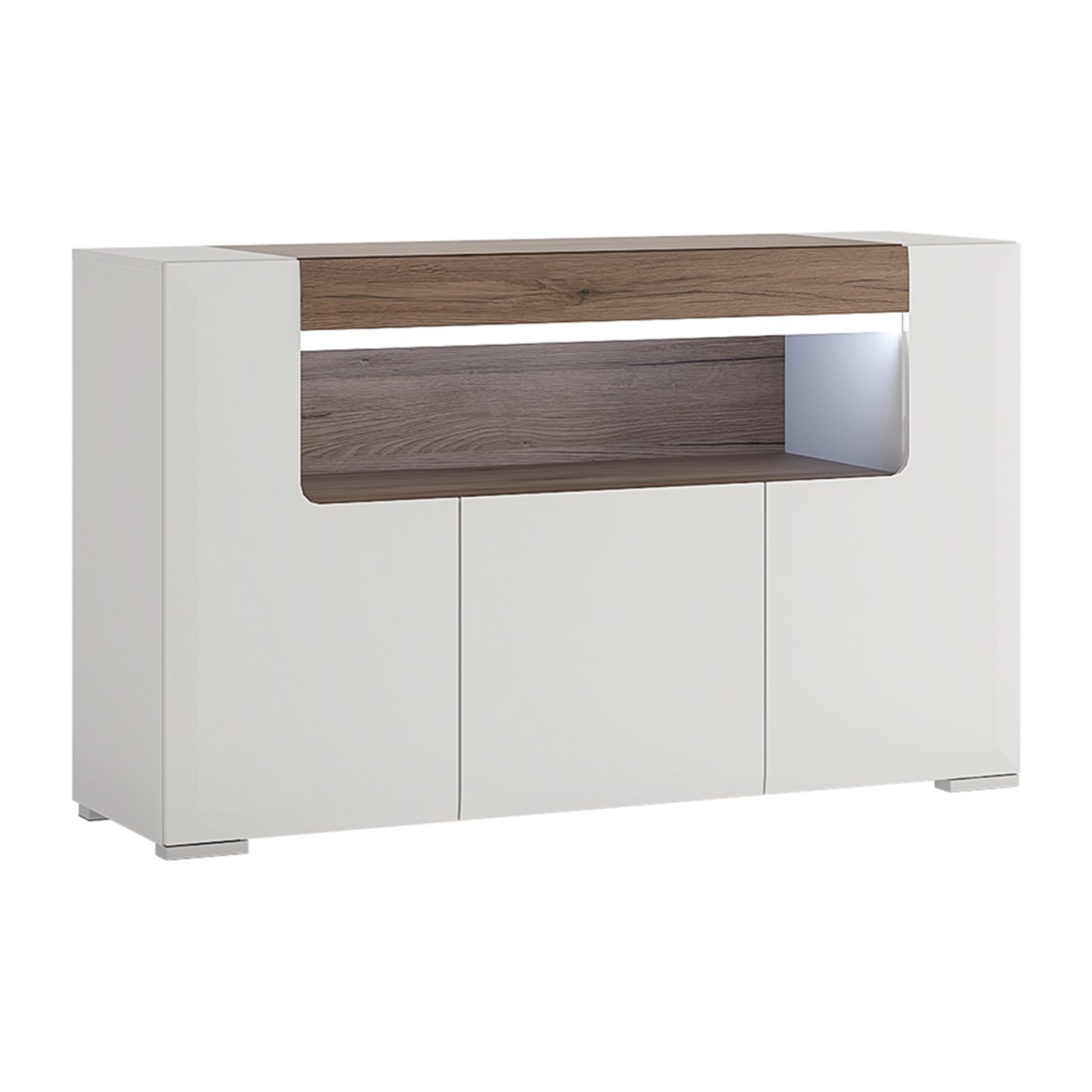 Toronto 3 Door Sideboard with open shelving (inc Plexi Lighting) - White High Gloss with San Remo Oak inset