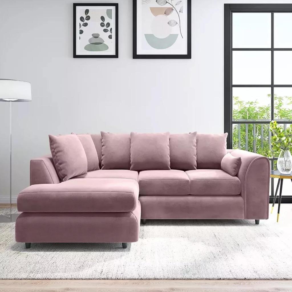 DELANO Plush Velvet 4 Seater Scatterback Corner Sofa - L Shaped - Left Hand Facing - Pink