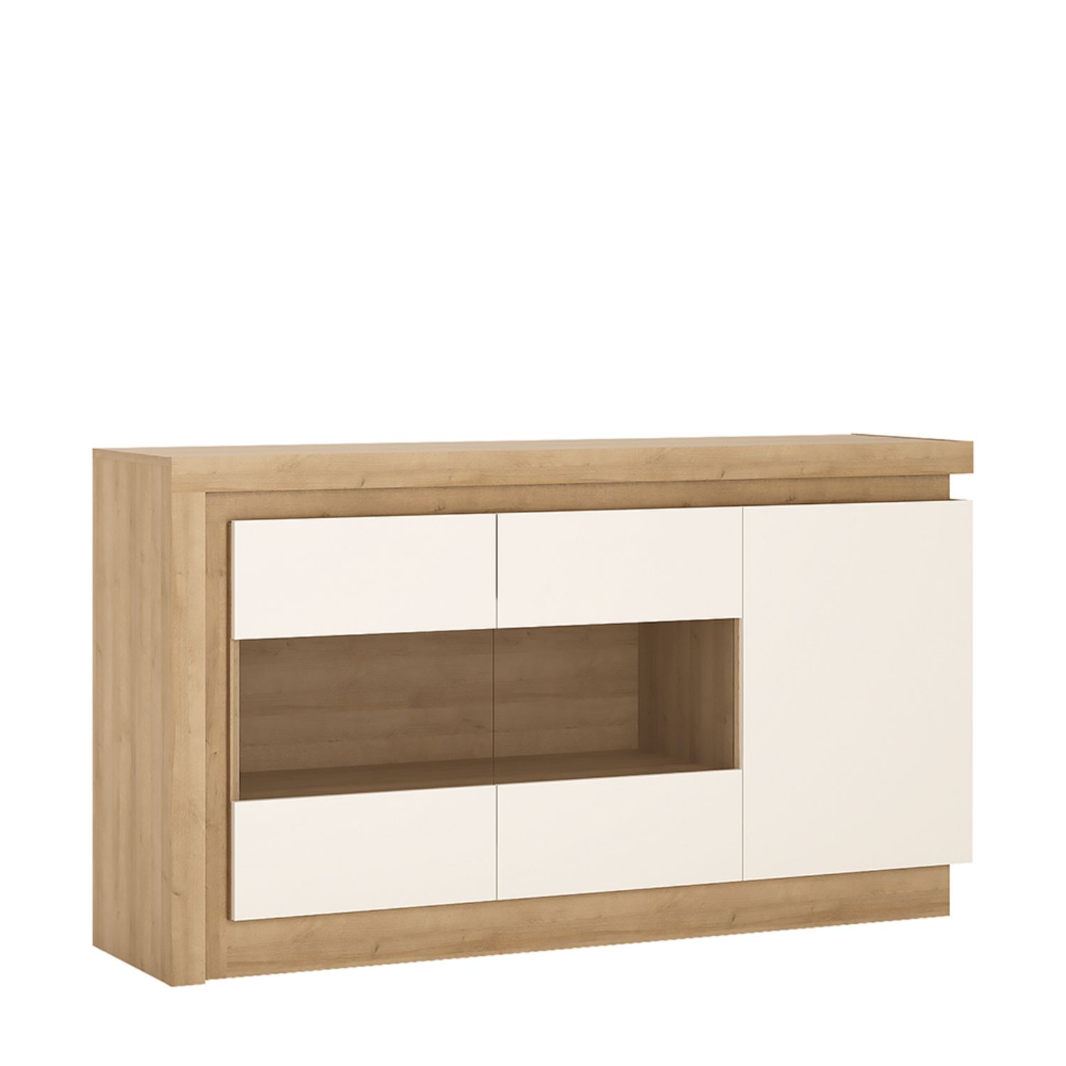 Lyon 3 door glazed sideboard (including LED lighting) - Riviera Oak/White high gloss
