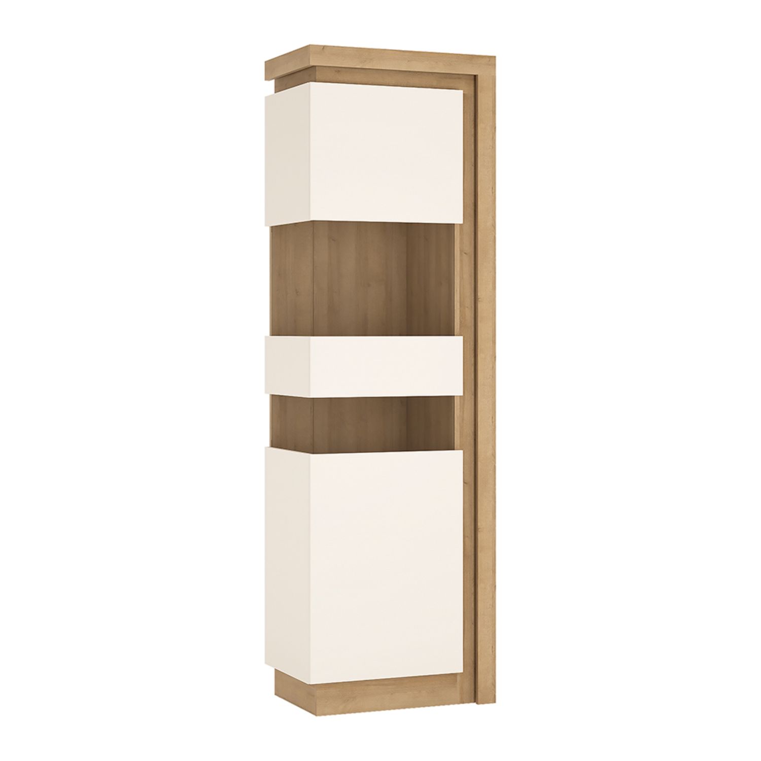 Lyon Tall narrow display cabinet (LHD) (including LED lighting) - Riviera Oak/White high gloss