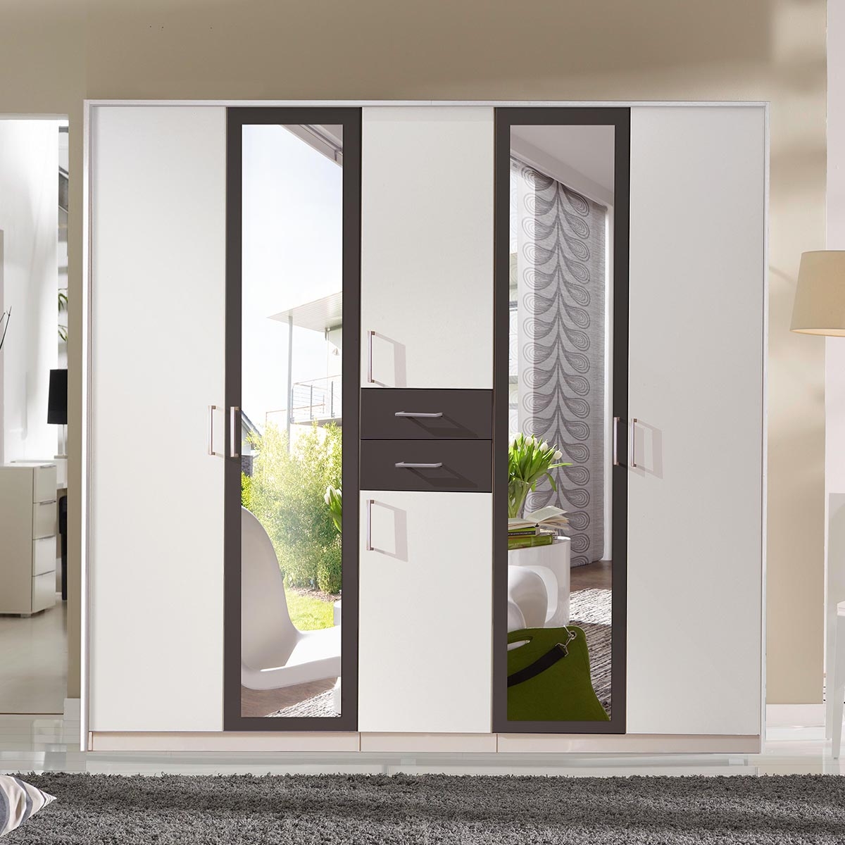 DAKAR 5 Door Mirrored Wardrobe White and Graphite - 225cm