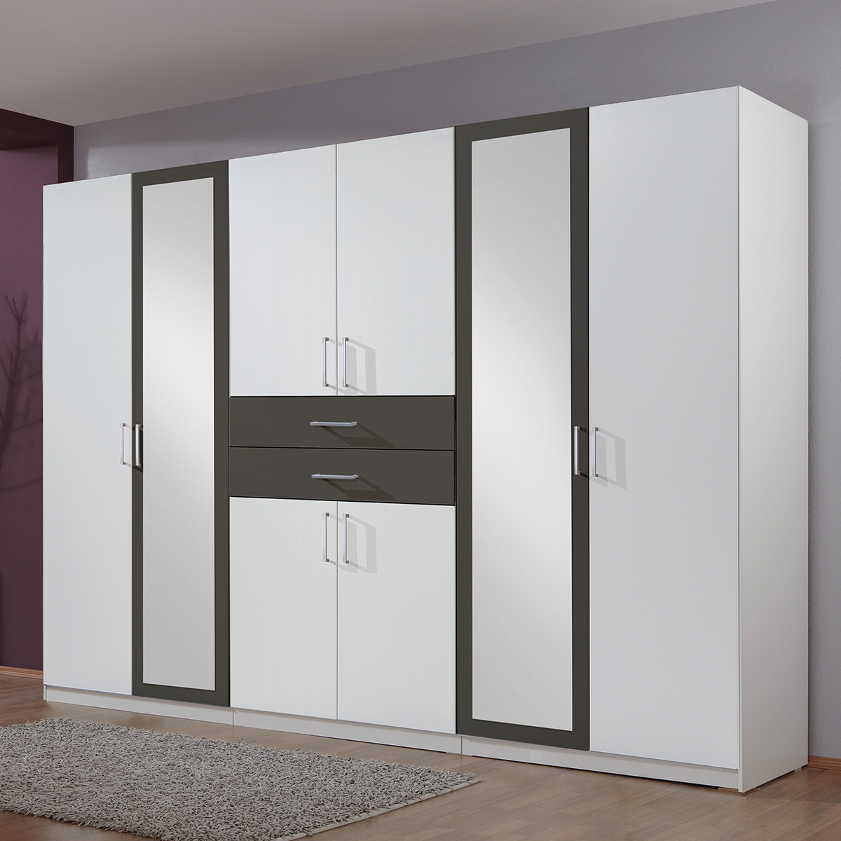 DAKAR 6 Door Mirrored Wardrobe White and Graphite - 270cm