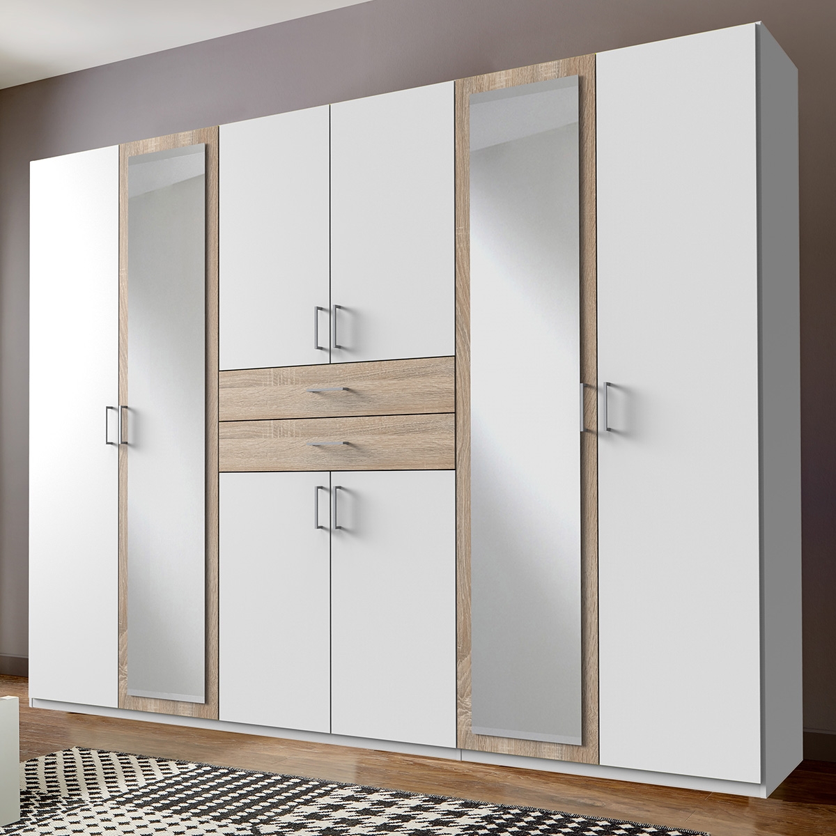 DAKAR 6 Door Mirrored Wardrobe White and Oak - 270cm