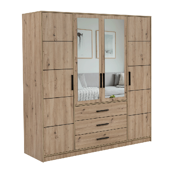 AVERTON 4 Door Mirrored Wardrobe with 3 Drawers Medium Oak - 196cm
