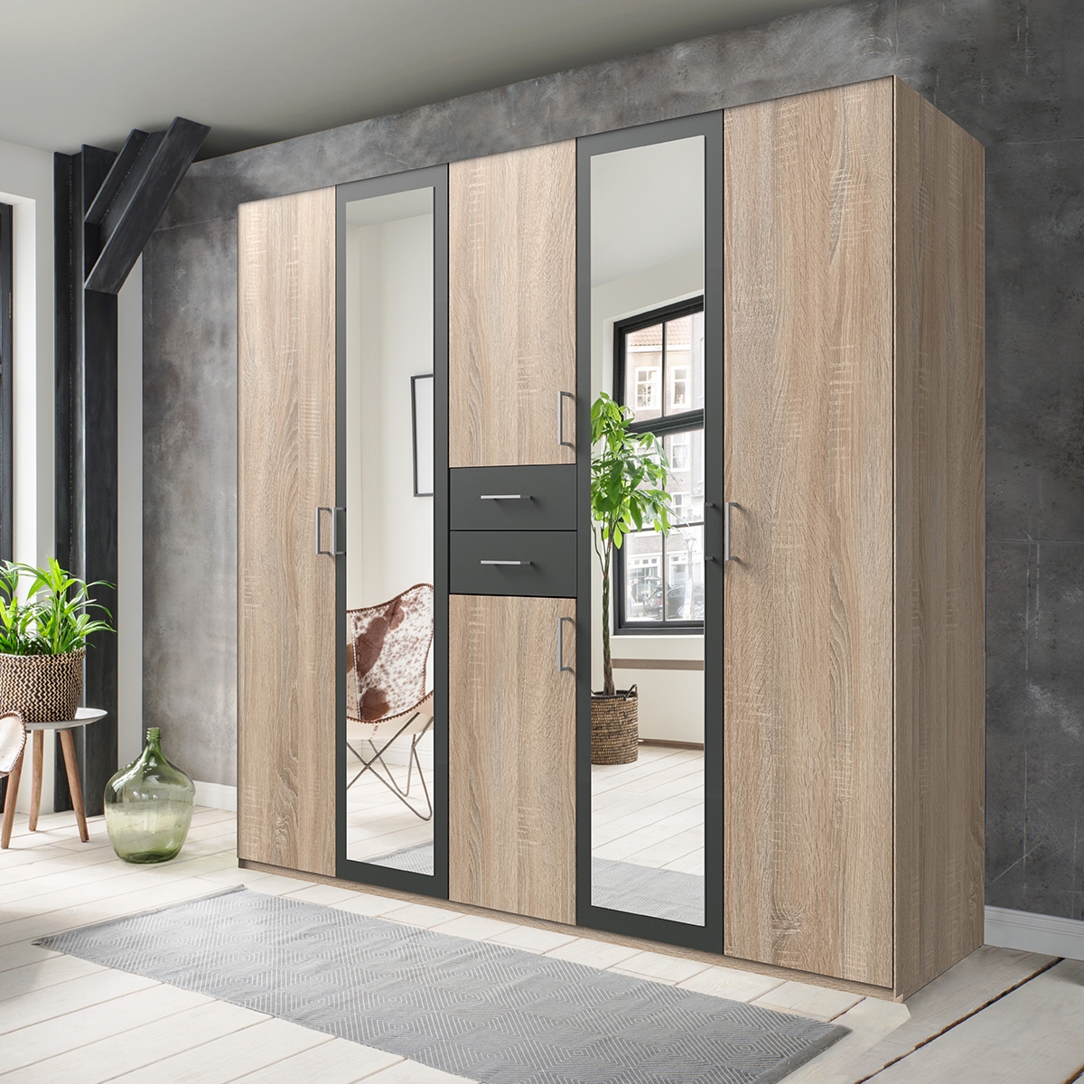 DAKAR 5 Door Mirrored Wardrobe Oak and Graphite - 225cm