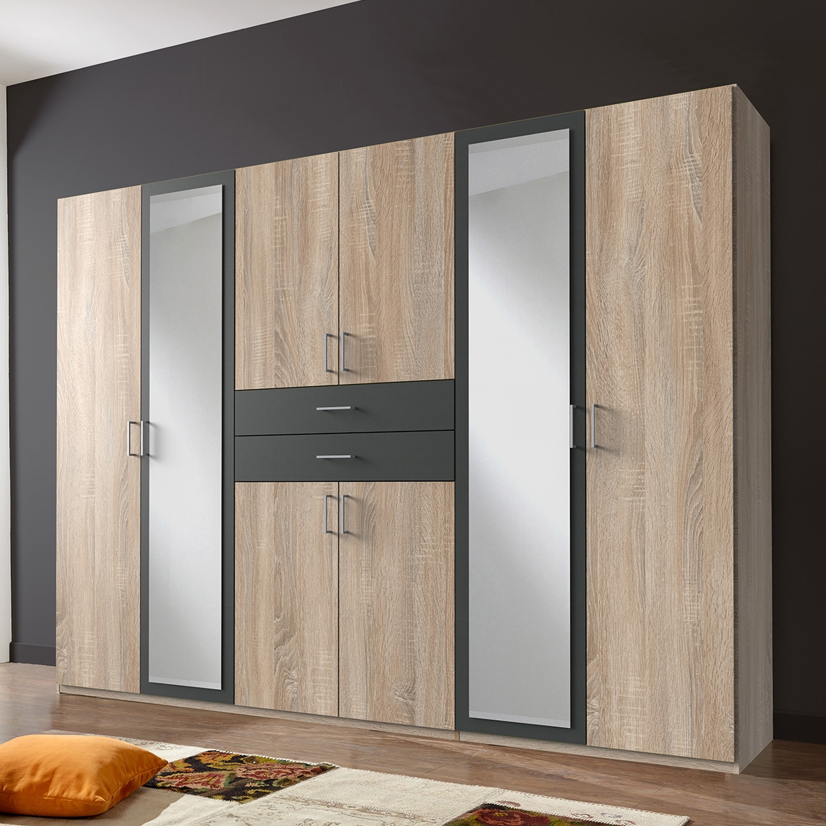 DAKAR 6 Door Mirrored Wardrobe Oak and Graphite - 270cm
