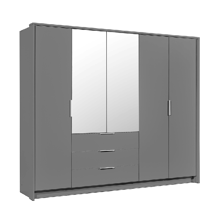 LUCARI 5 Door Mirrored Wardrobe with 3 Drawers Grey - 255cm