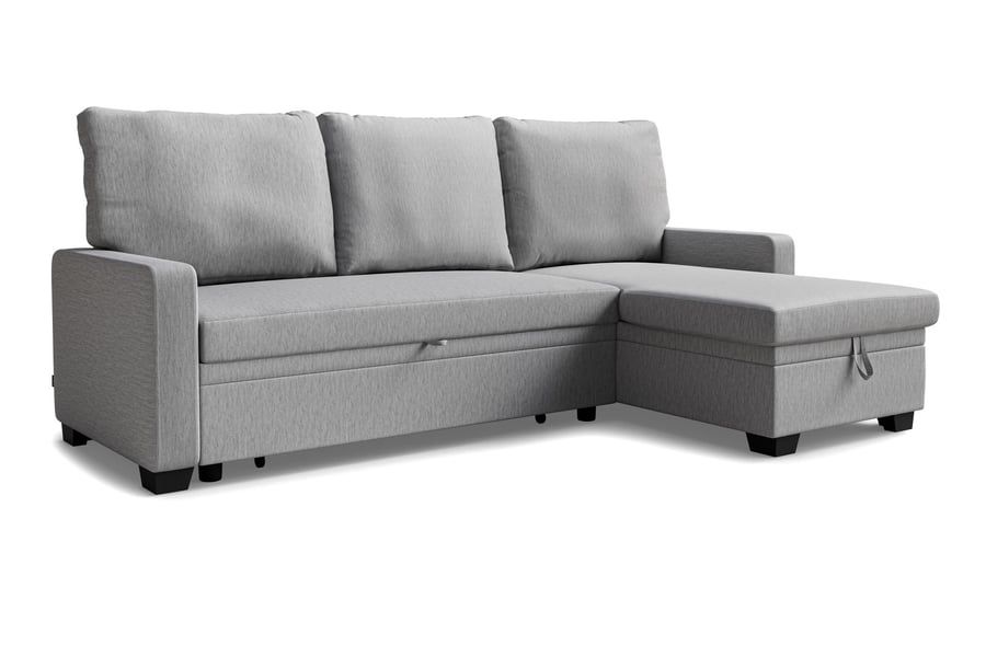 QUINDLE Fabric 3 Seater L Shaped Corner Sofa Bed - Grey, Reversible Facing