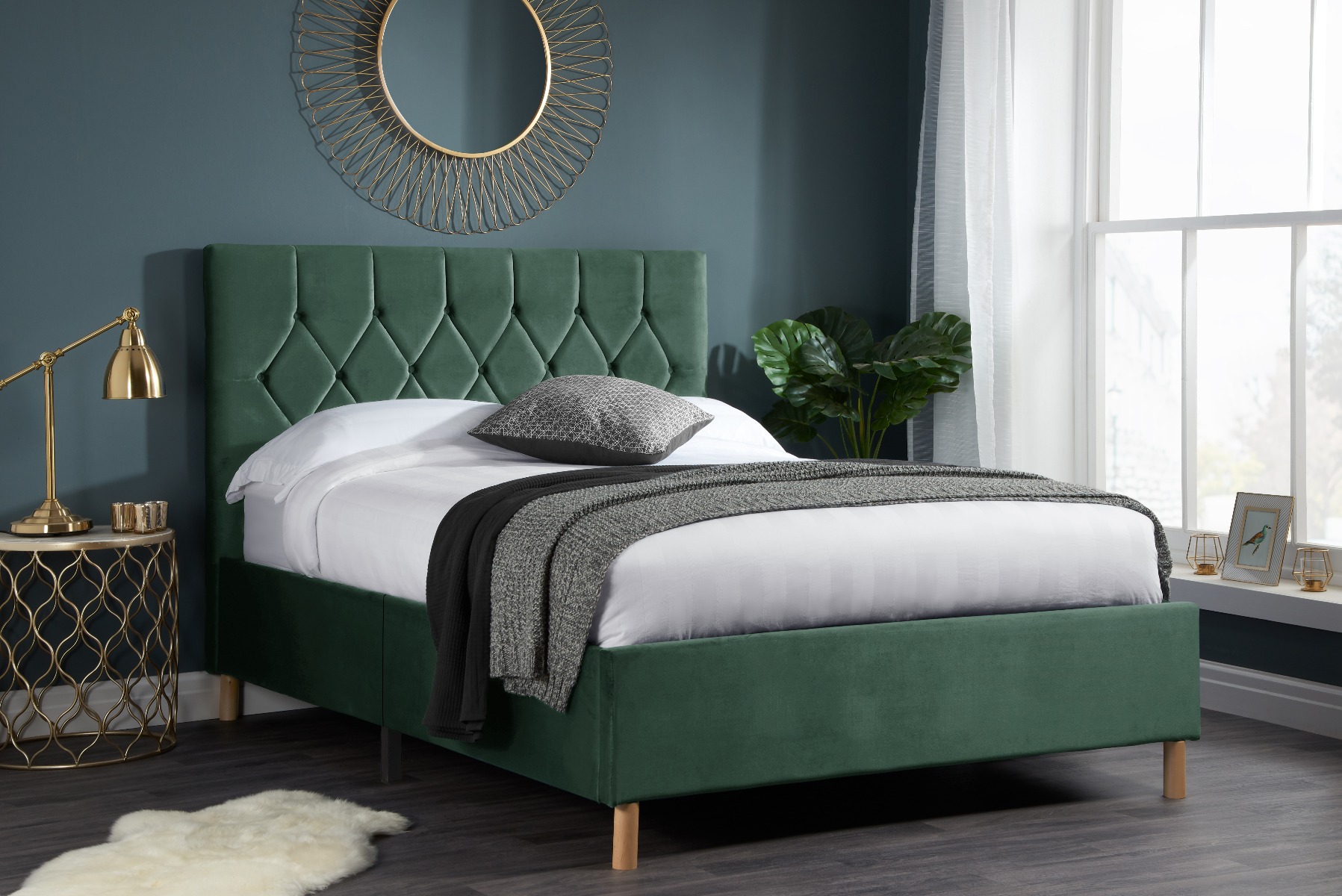 Loxley Modern Upholstered Green Fabric Bed - Small Double 4ft