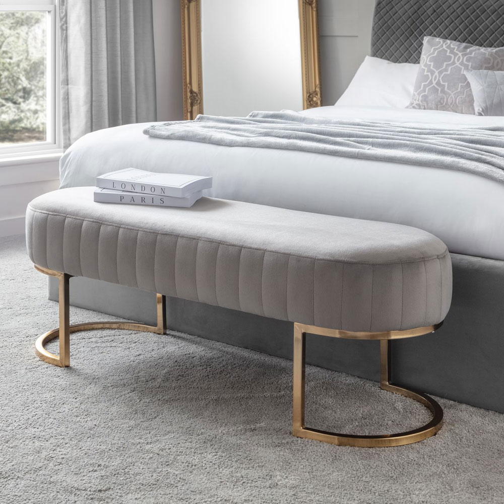 Harrogate Luxury Velvet Fabric With Gold Legs Bench - Grey