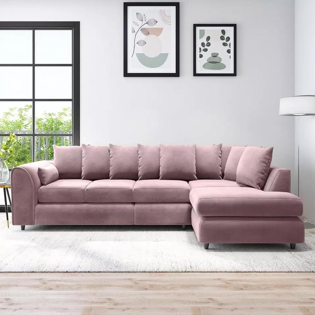 DELANO Plush Velvet Large 5 Seater Scatterback Corner Sofa - L Shaped - Right Hand Facing - Pink