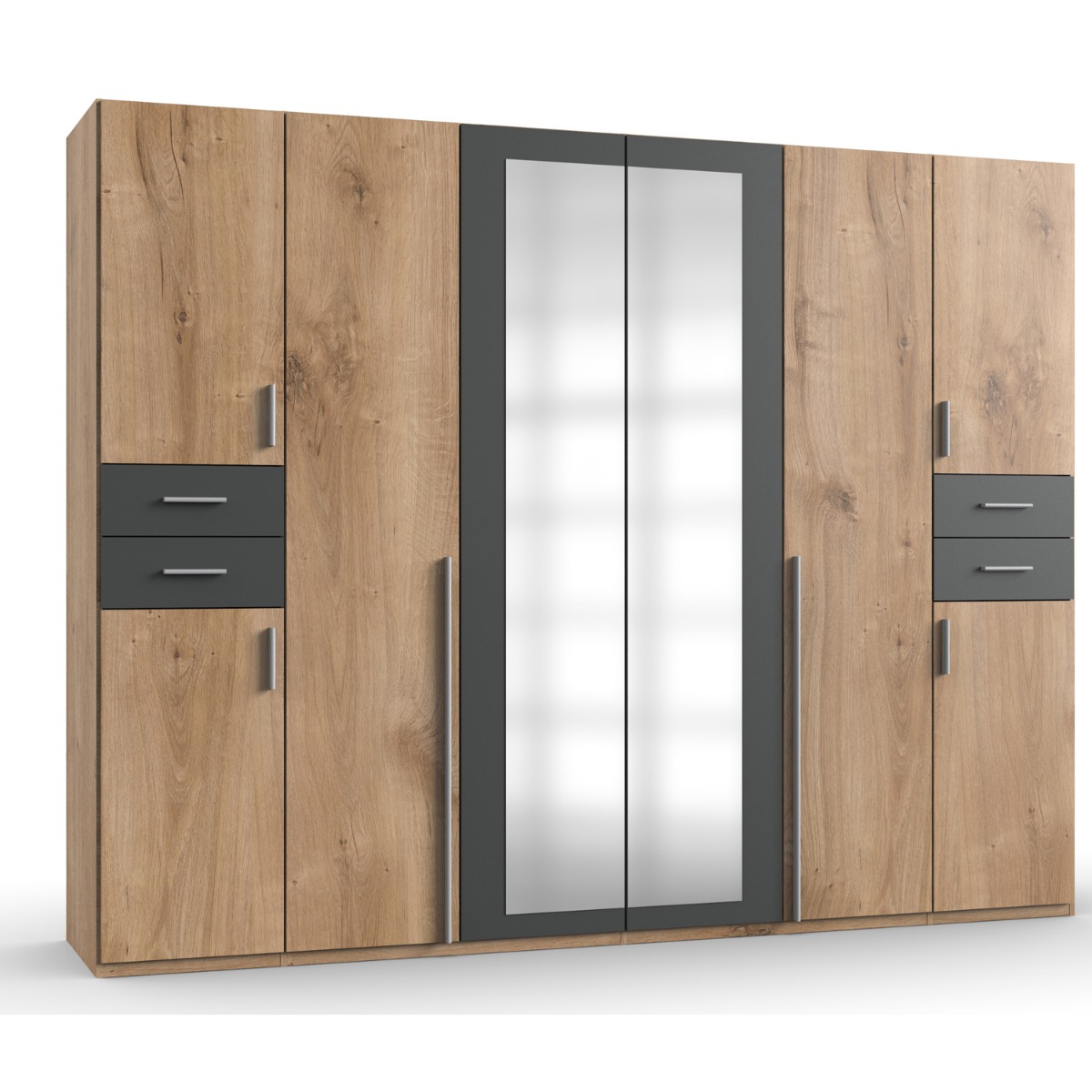 FENTON 6 Door Mirrored Wardrobe Oak and Graphite - 270cm
