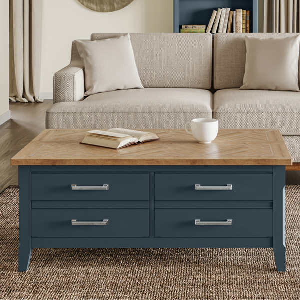 Ransley Blue Oak Parquet Coffee Table With Drawers and Hidden Storage Trunk