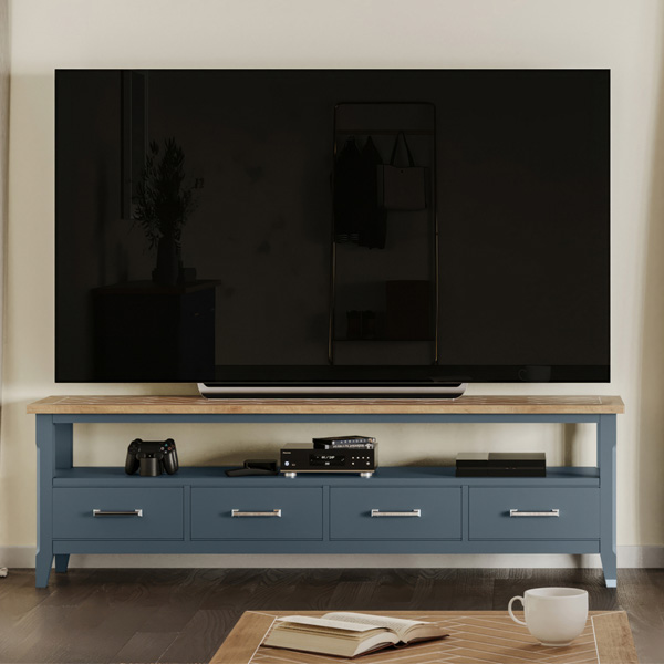 Ransley Oak Parquet Top Large Widescreen Television Cabinet with 3 Drawers - Blue
