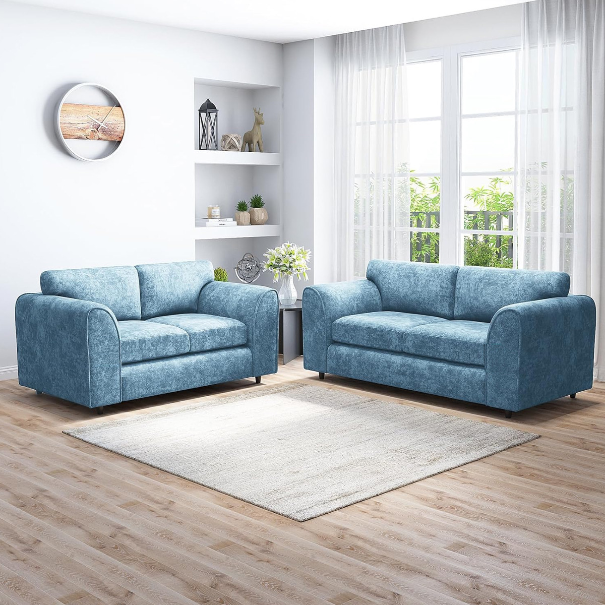 LORVANI Chenille Fabric 3 and 2 Seater Fullback Sofa Set - Sky Blue