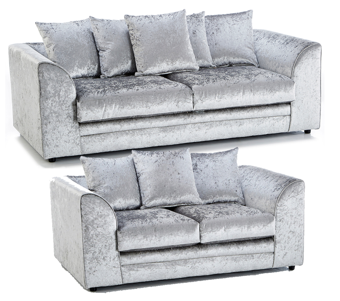 ARABIA Crushed Velvet 3 Seater and 2 Seater Scatterback Sofa Set - Silver