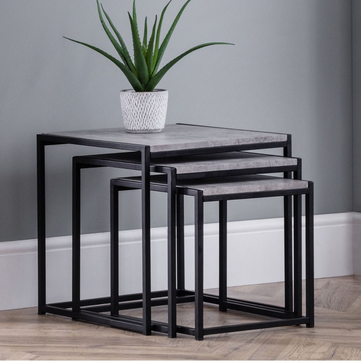 Staten Black Metal Frame Nest Of 3 Tables - Concrete