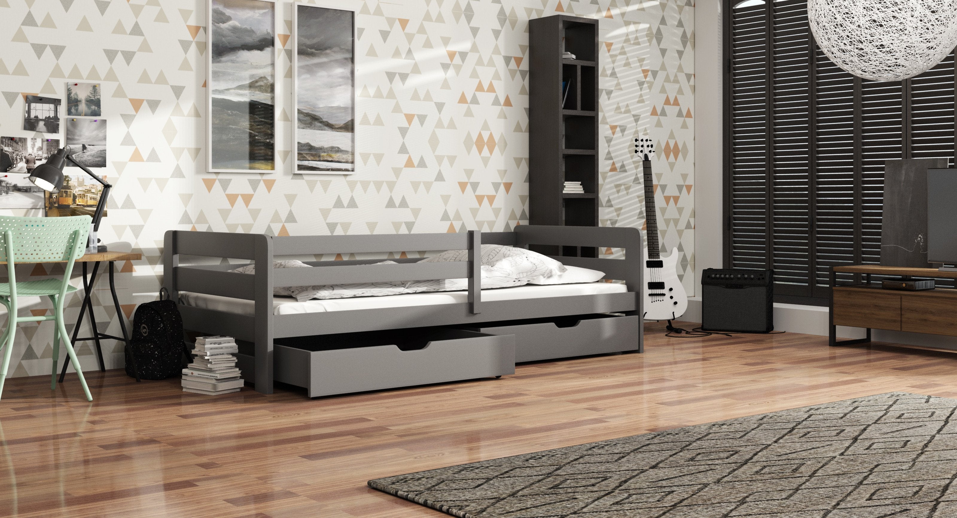 Erik Wooden Bed with 2 Drawers Storage - Graphite