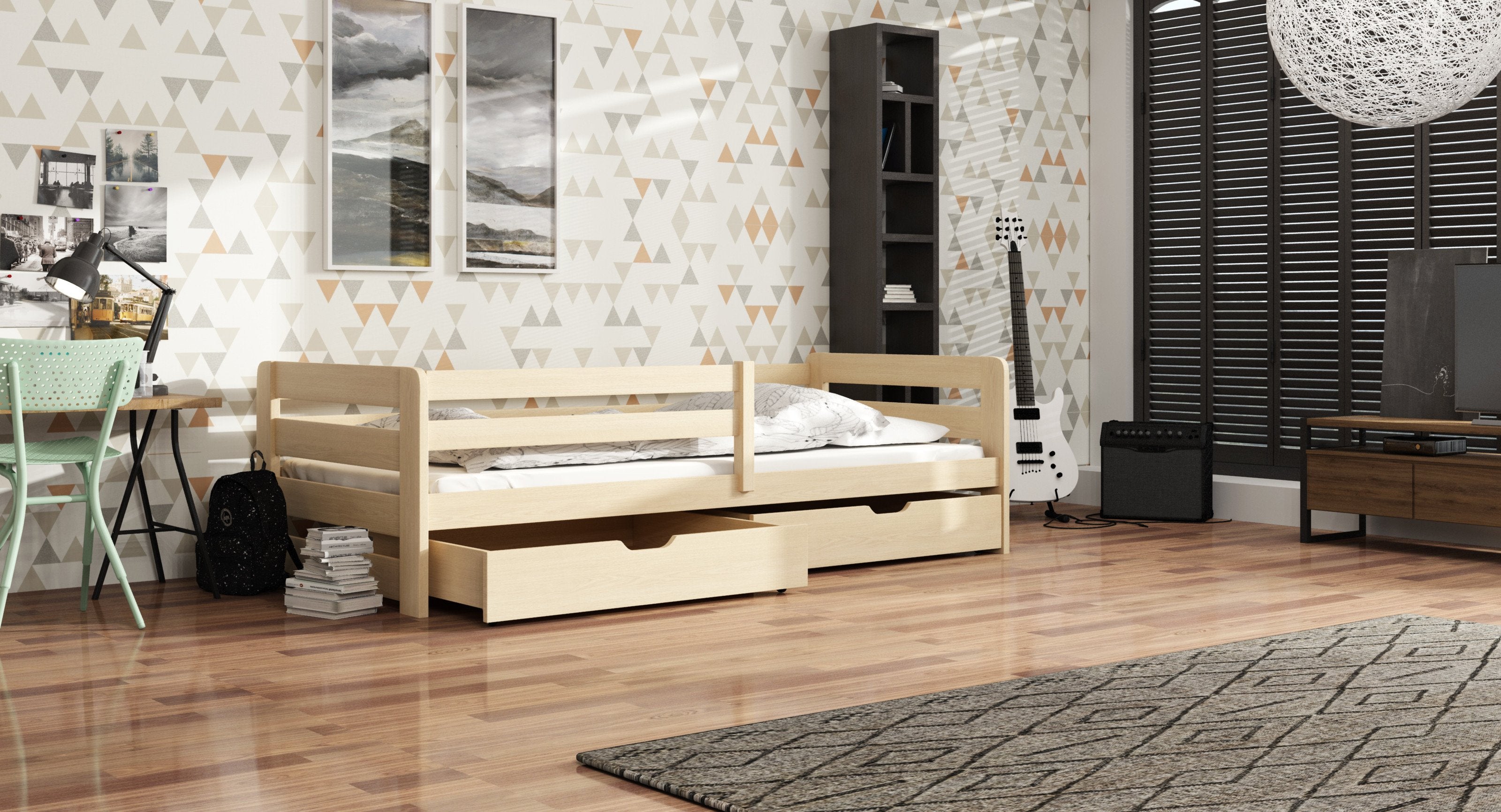 Erik Wooden Bed with 2 Drawers Storage - Pine