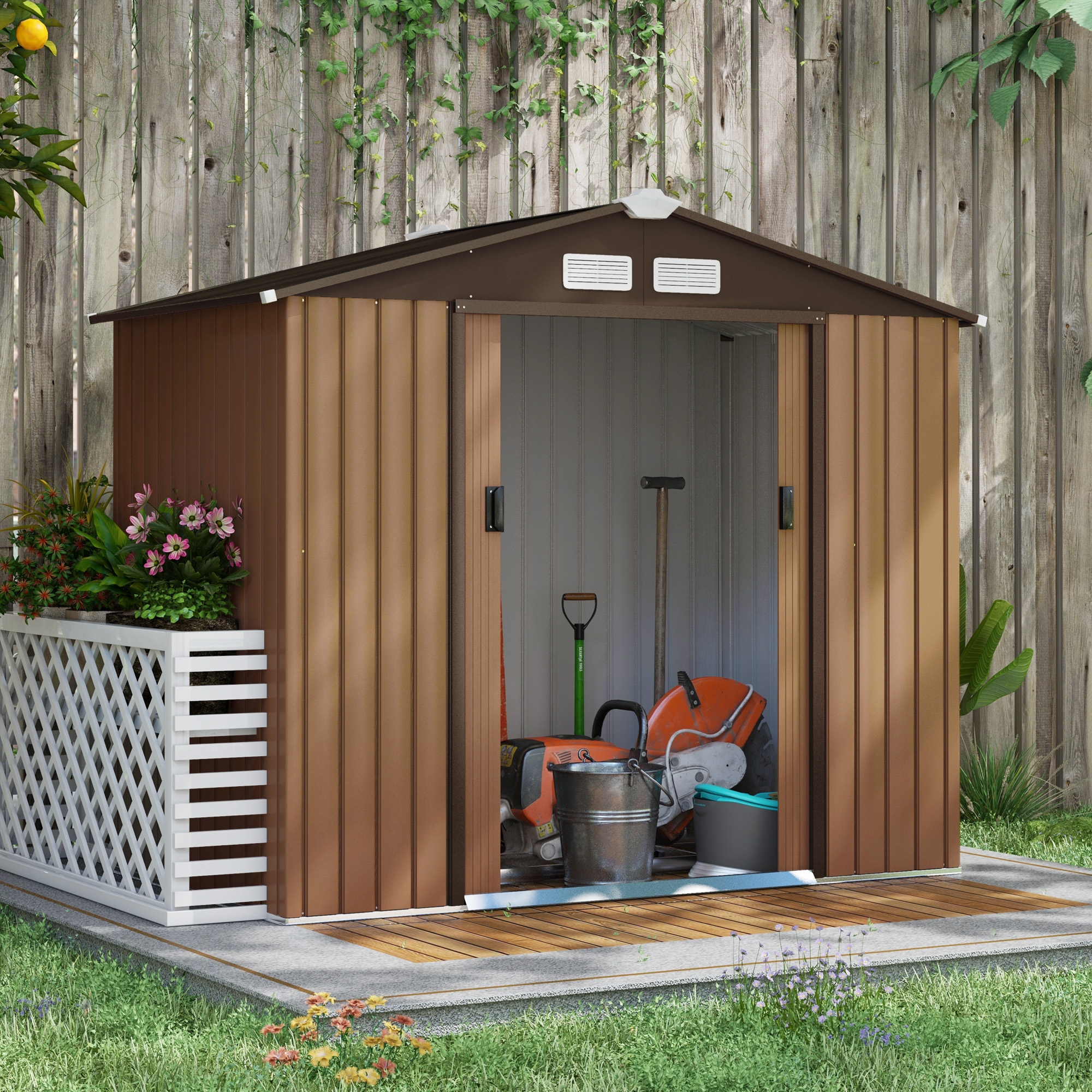7 x 4 ft Lockable Garden Shed Large Patio Roofed Tool Metal Storage Building Foundation Sheds Box Outdoor Furniture, Yellow