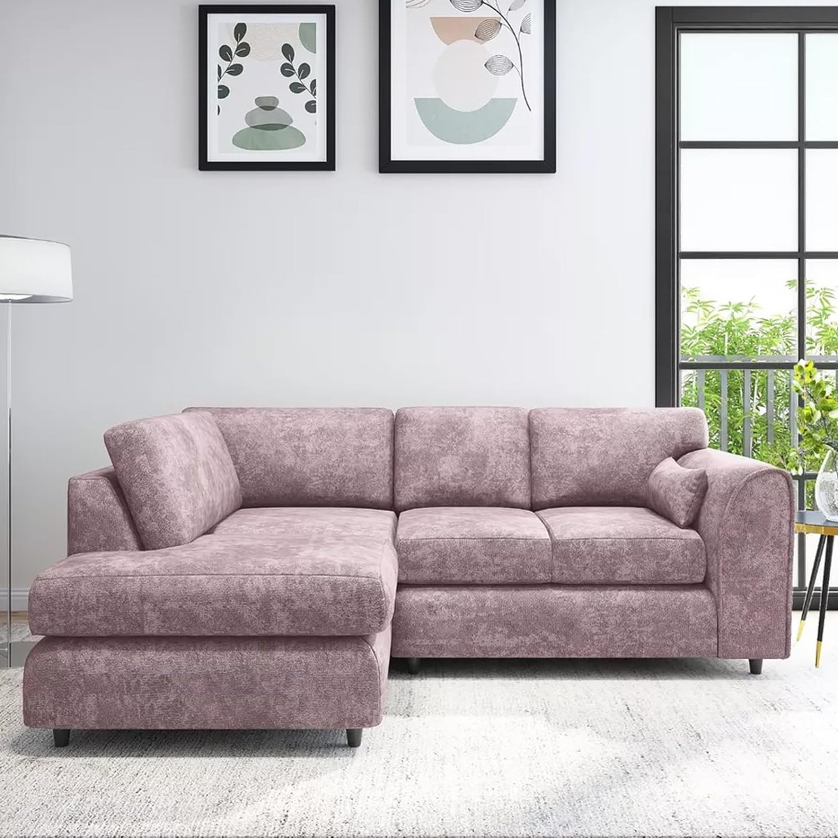 LORVANI Fabric 4 Seater Fullback Corner Sofa - L Shaped - Left Hand Facing - Pink