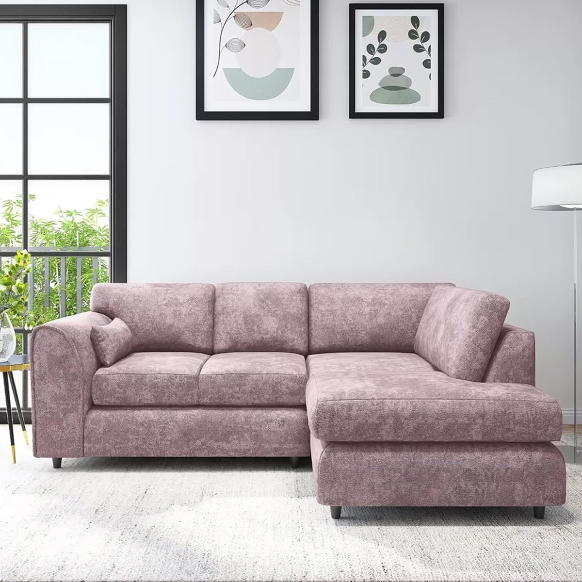 LORVANI Fabric 4 Seater Fullback Corner Sofa - L Shaped - Right Hand Facing - Pink