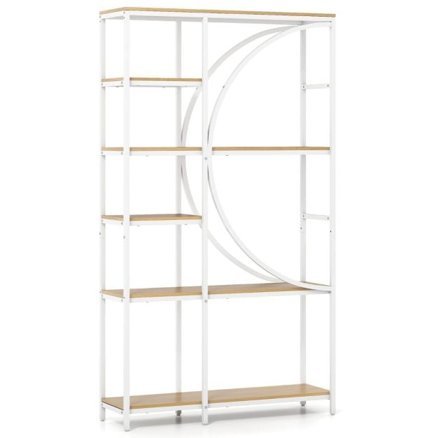 GALVORN 6-Tier Industrial Etagere Bookshelf with Open Storage Shelves and Arc-Shaped Design-Natural