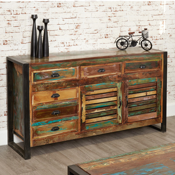 Laura Chic Reclaimed Wood 2 Door Large Sideboard with 6 Drawer - Natural Wood
