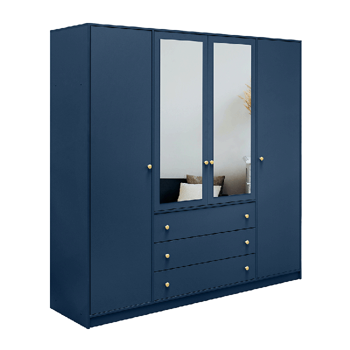 ELVIRO 4 Door Mirrored Wardrobe with 3 Drawers Blue - 196cm