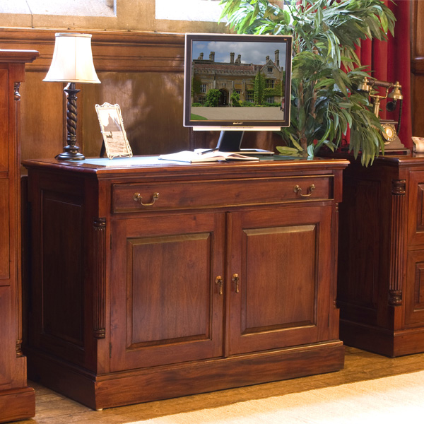 Royston 2 Door Computer Table With Keyboard Drawer and Antiqued Brass Handles - Mahogany Finish