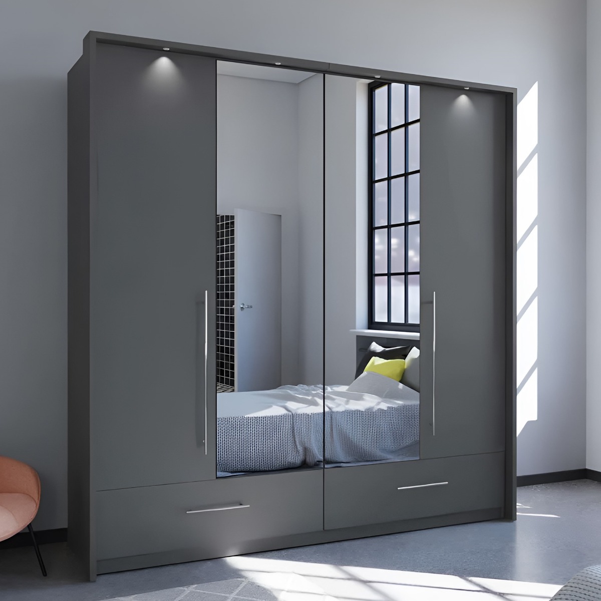 LINDSEY 2 Door Mirrored Wardrobe with 2 Drawers Graphite - 209cm