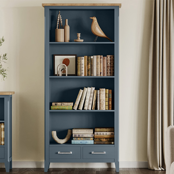 Ransley Oak Parquet Top 2 Drawer Tall Bookcase with Shelf - Blue