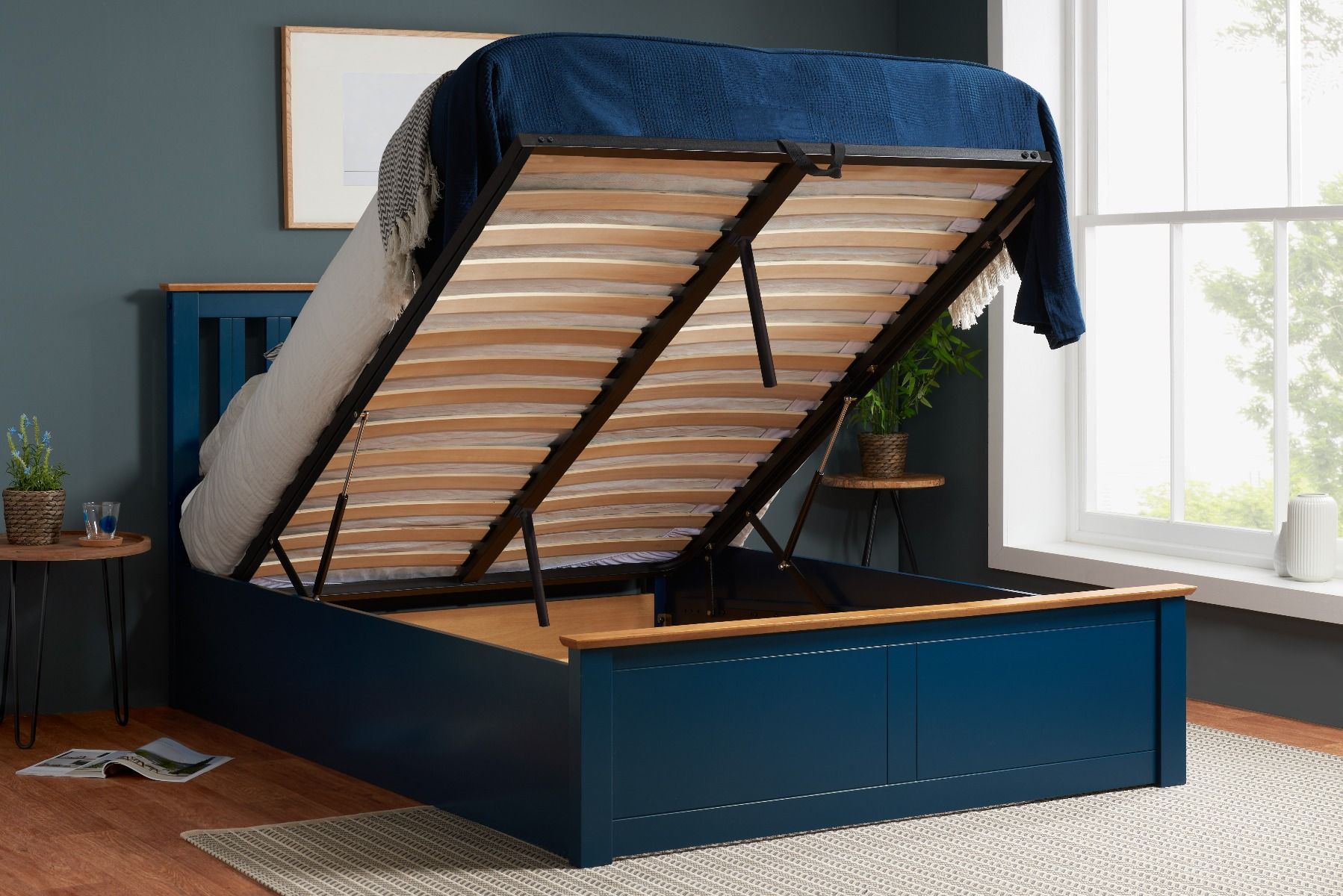 Phoenix Wooden Ottoman Storage Navy Blue Bed - Kingsize 5ft