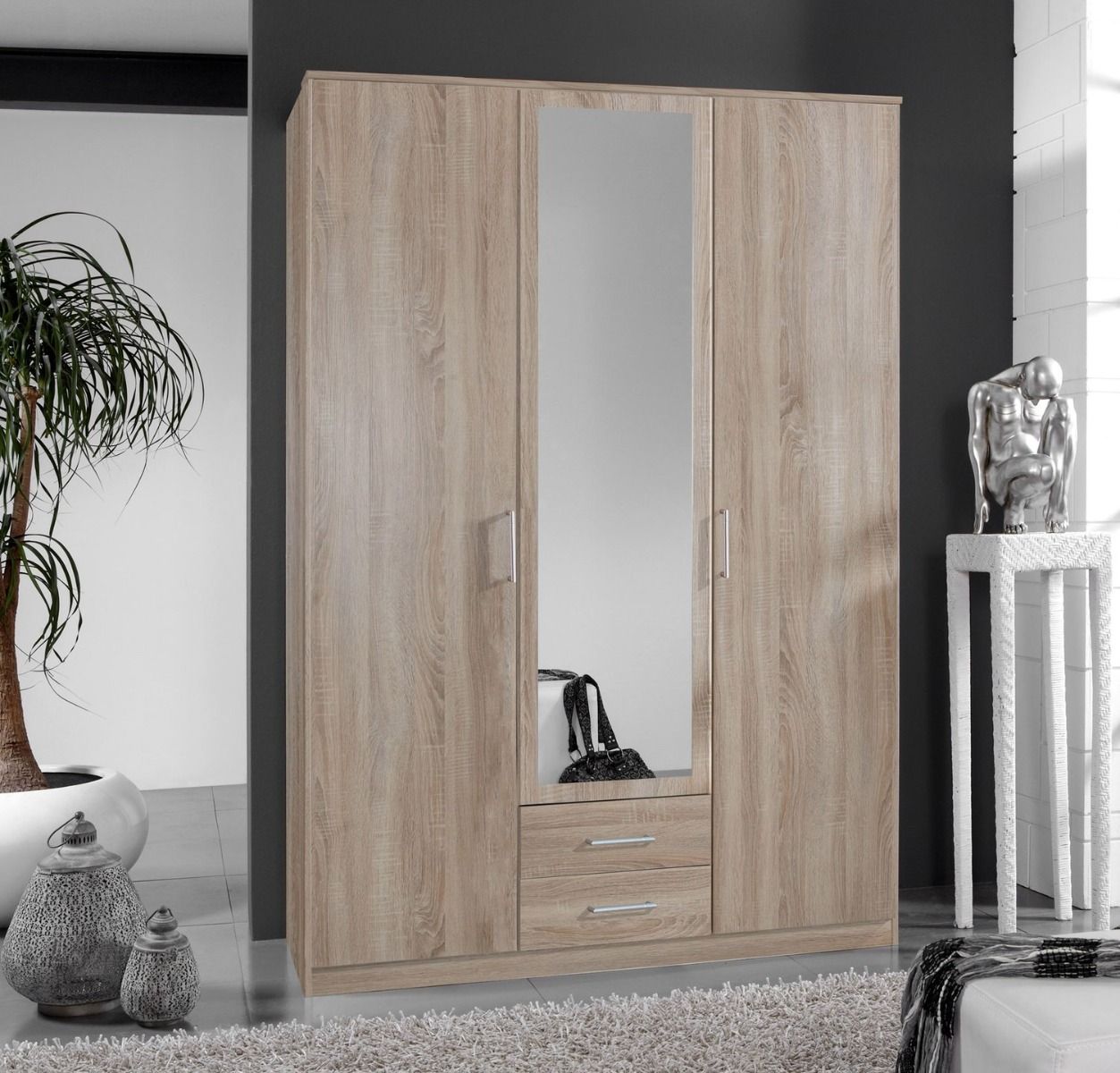 OKHRA 3 Door Mirrored Wardrobe with 2 Drawers Oak - 135cm