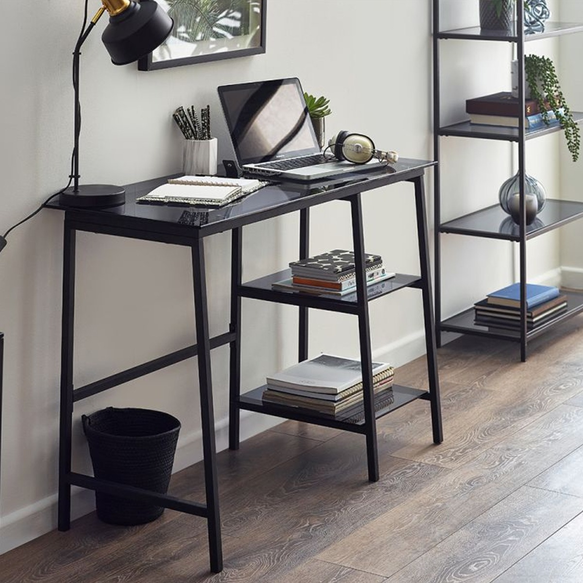 Black Frame Chicago Computer Desk with Open Shelfs - Smoked Glass Top