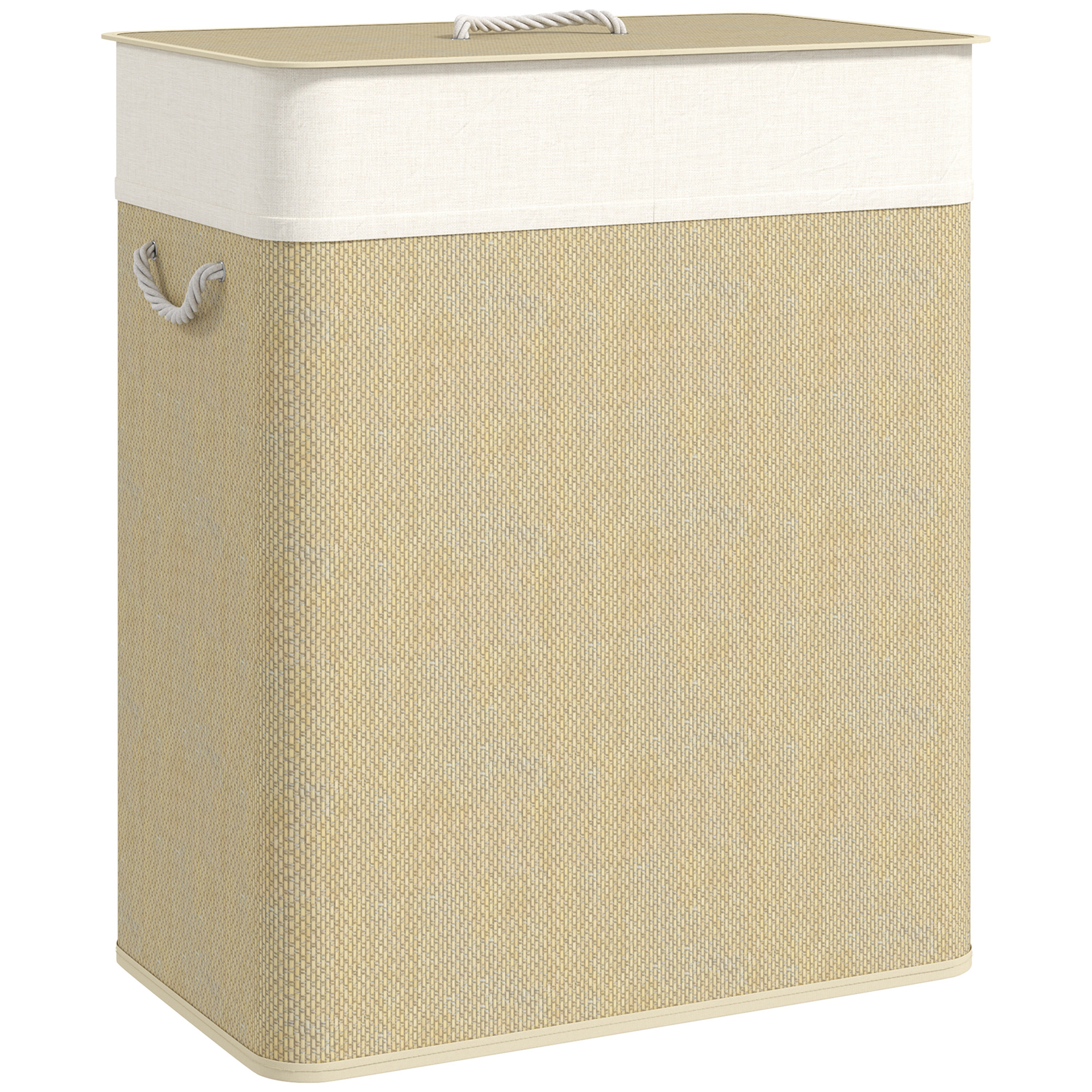 HERON Double Laundry Basket with Lid Bamboo Laundry Hamper Cream White