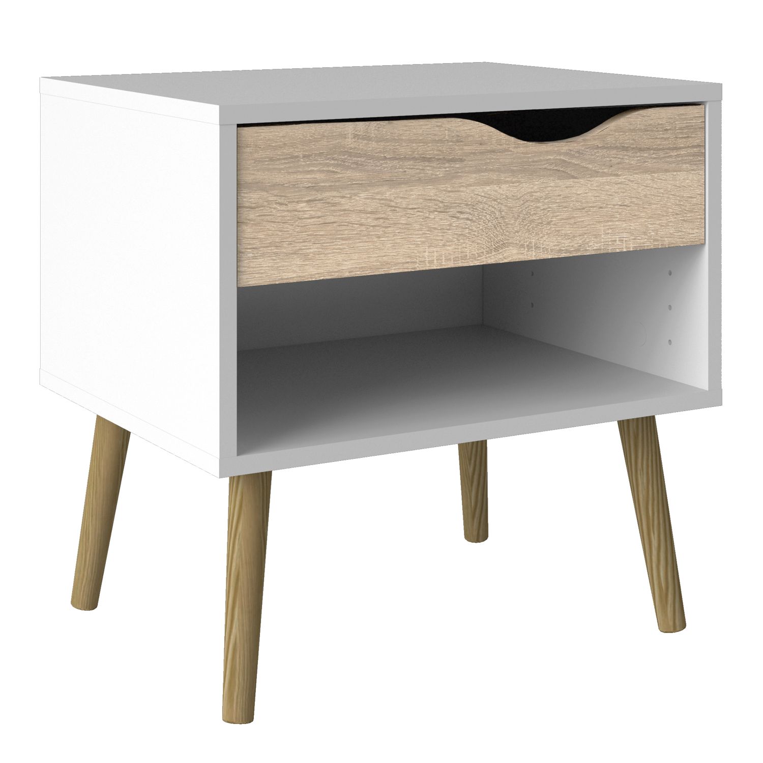 Bedside Table - OSLO 1 Drawer Nightstand White and Oak 50.2cm