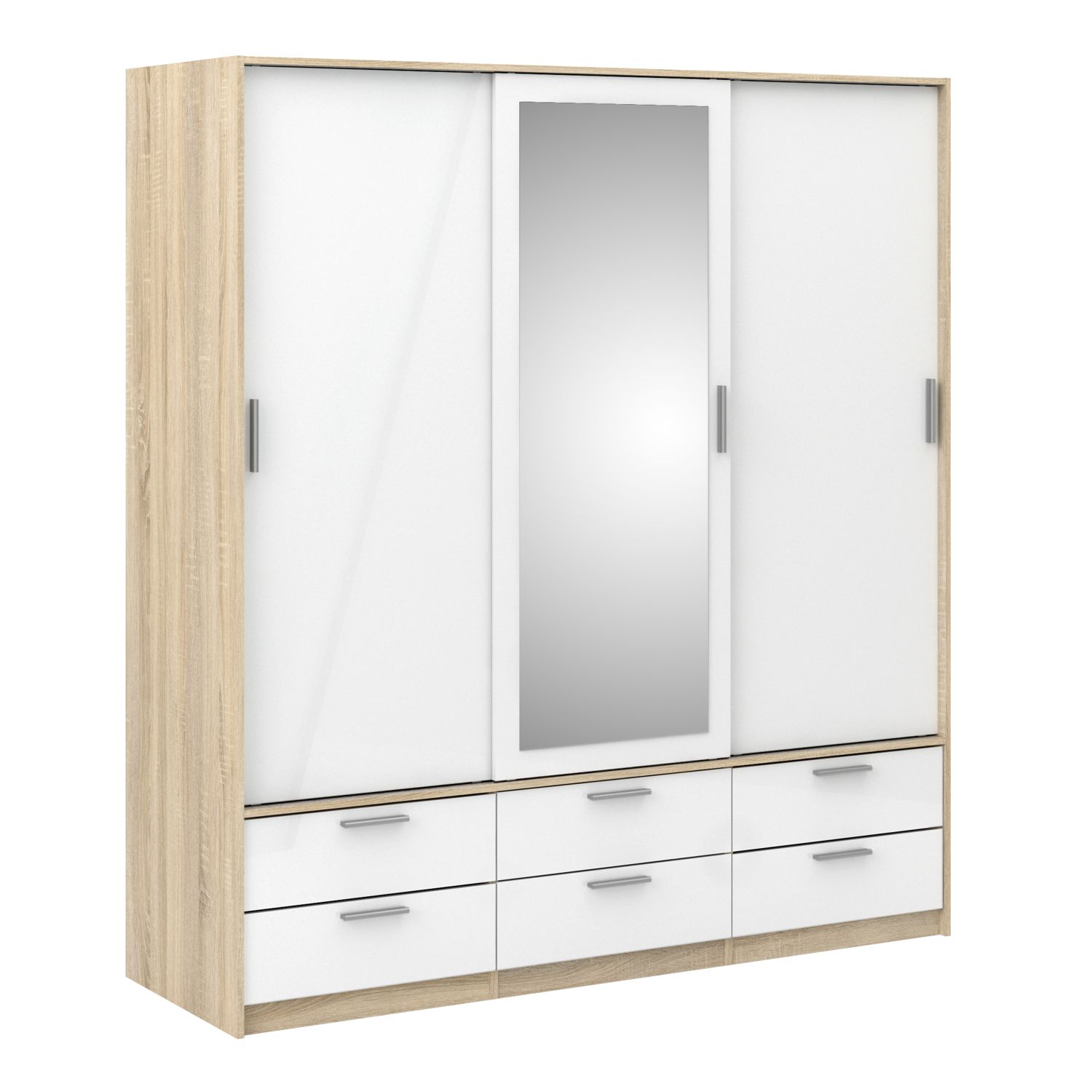 LACOSTE 3 Door Mirrored Sliding Wardrobe Oak with White High Gloss - 181.4cm