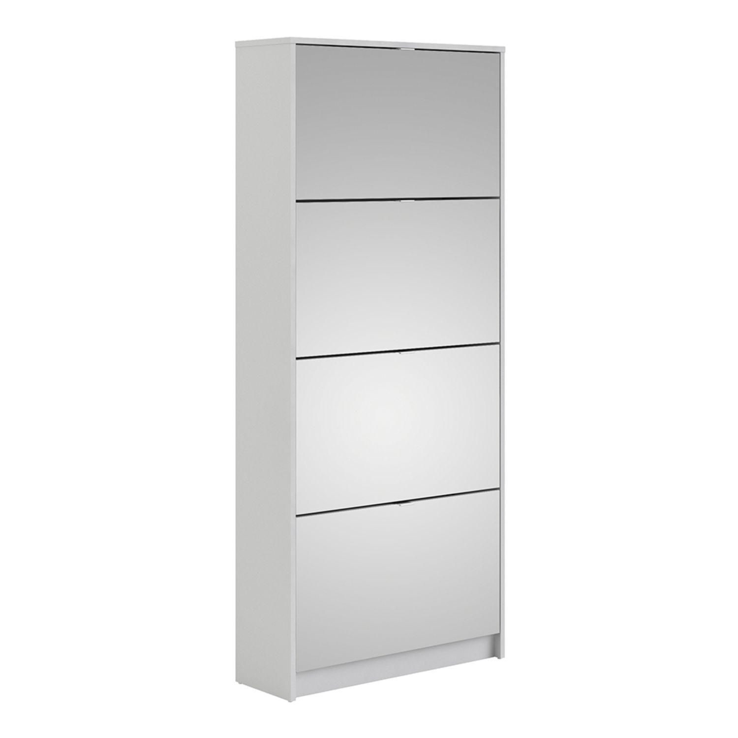 Shoe cabinet w. 4 mirror tilting doors and 2 layers - White