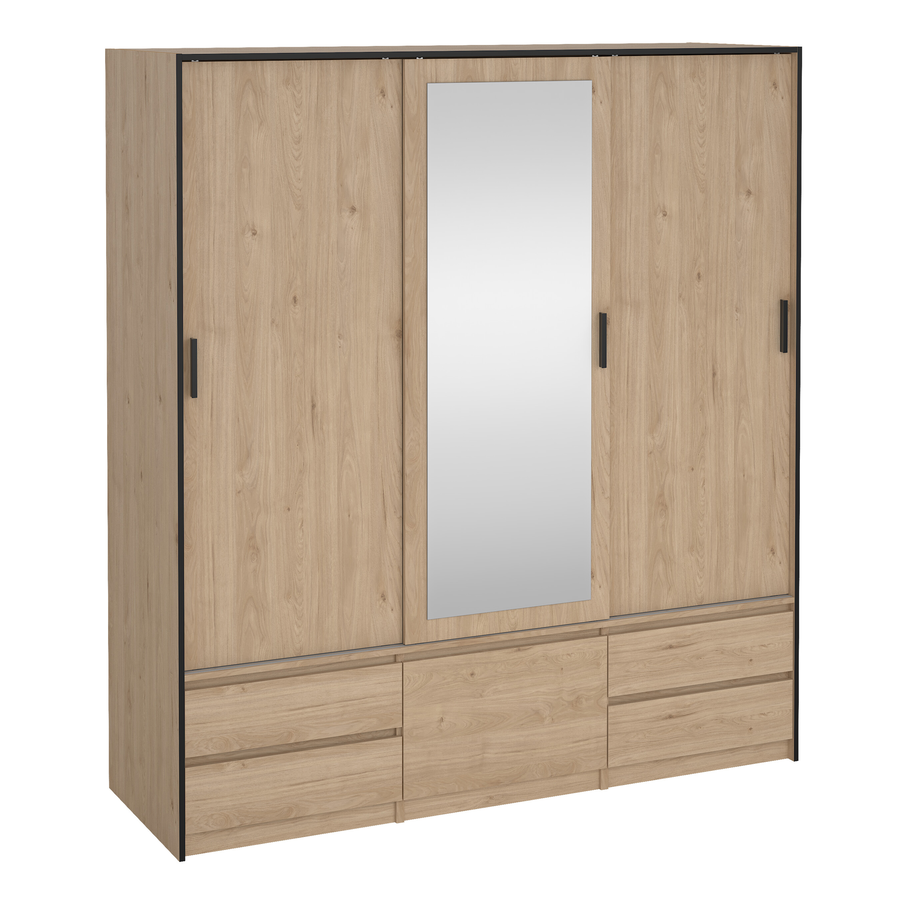 LACOSTE 3 Doors Mirrored Sliding Wardrobe with 4 Drawers Light Oak - 181cm
