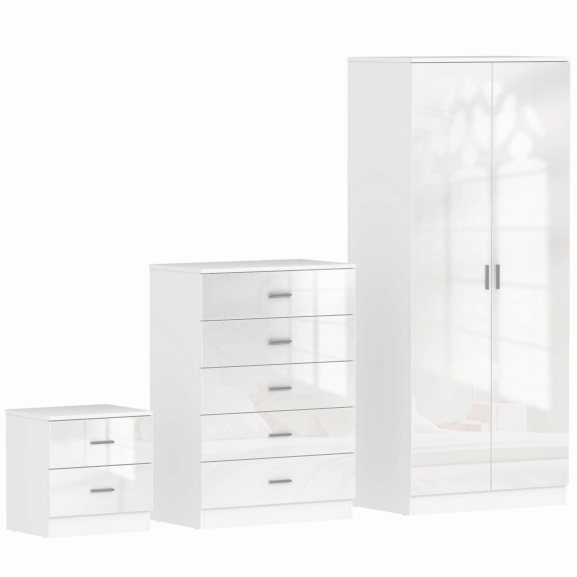 YOLWA 2 Door Wardrobe Set 3 Piece - White Gloss