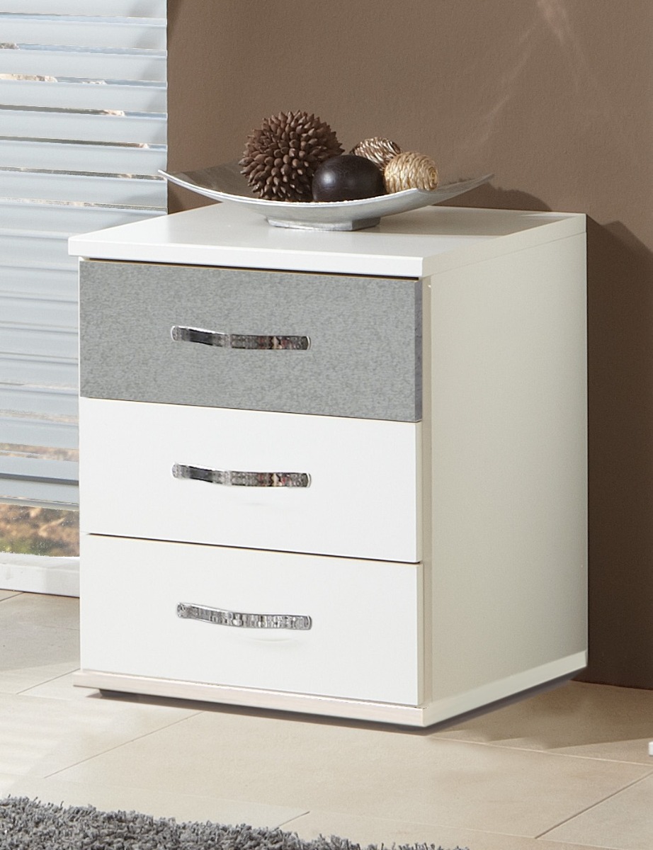 Bedside Table - DEWI 3 Drawer Nightstand White and Grey 46cm
