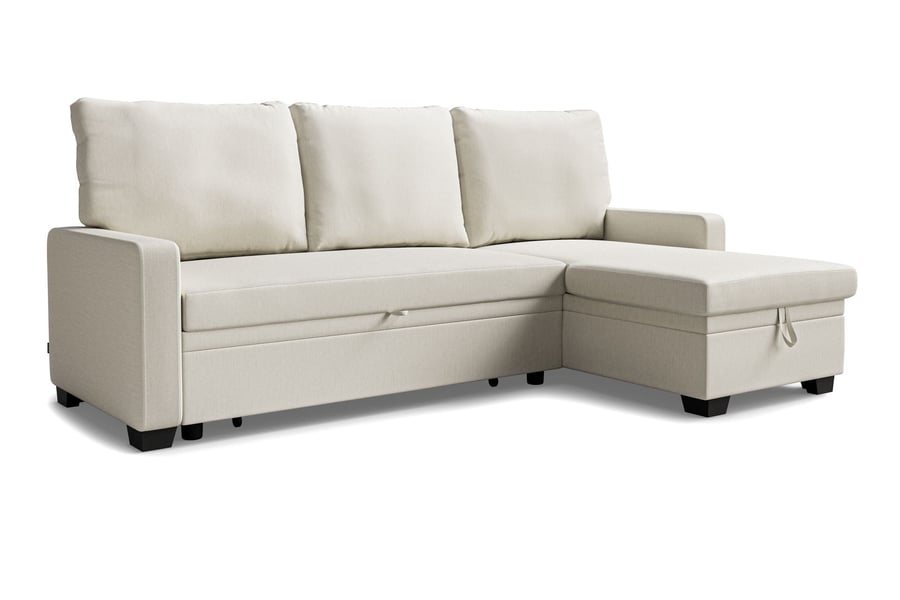 QUINDLE Fabric 3 Seater L Shaped Corner Sofa Bed - Cream, Reversible Facing