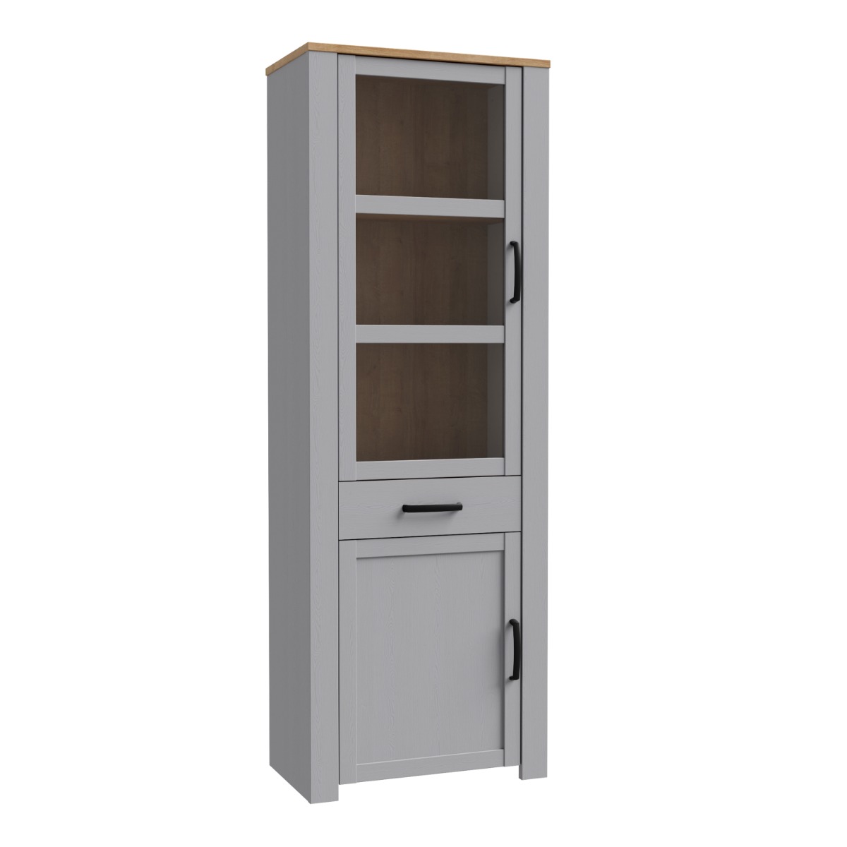 Karen Riviera Oak 2 Door Narrow Display Cabinet with Drawer - Grey