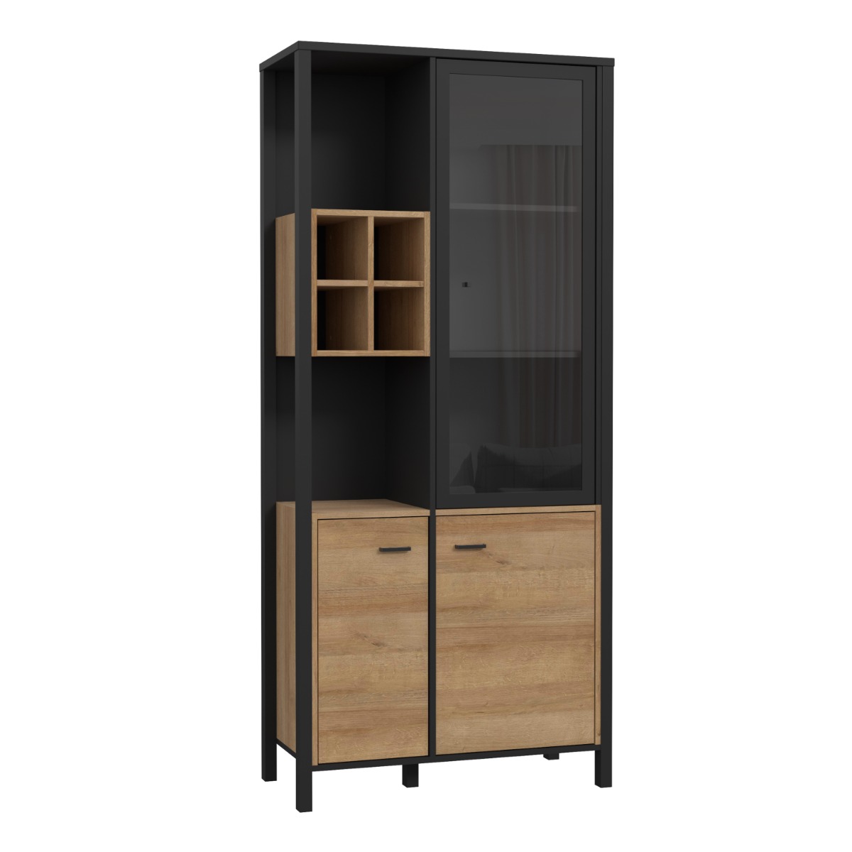 Broxtowe Matt Black Glass Door Display Cabinet 4 Cube Open Storage - Riviera Oak