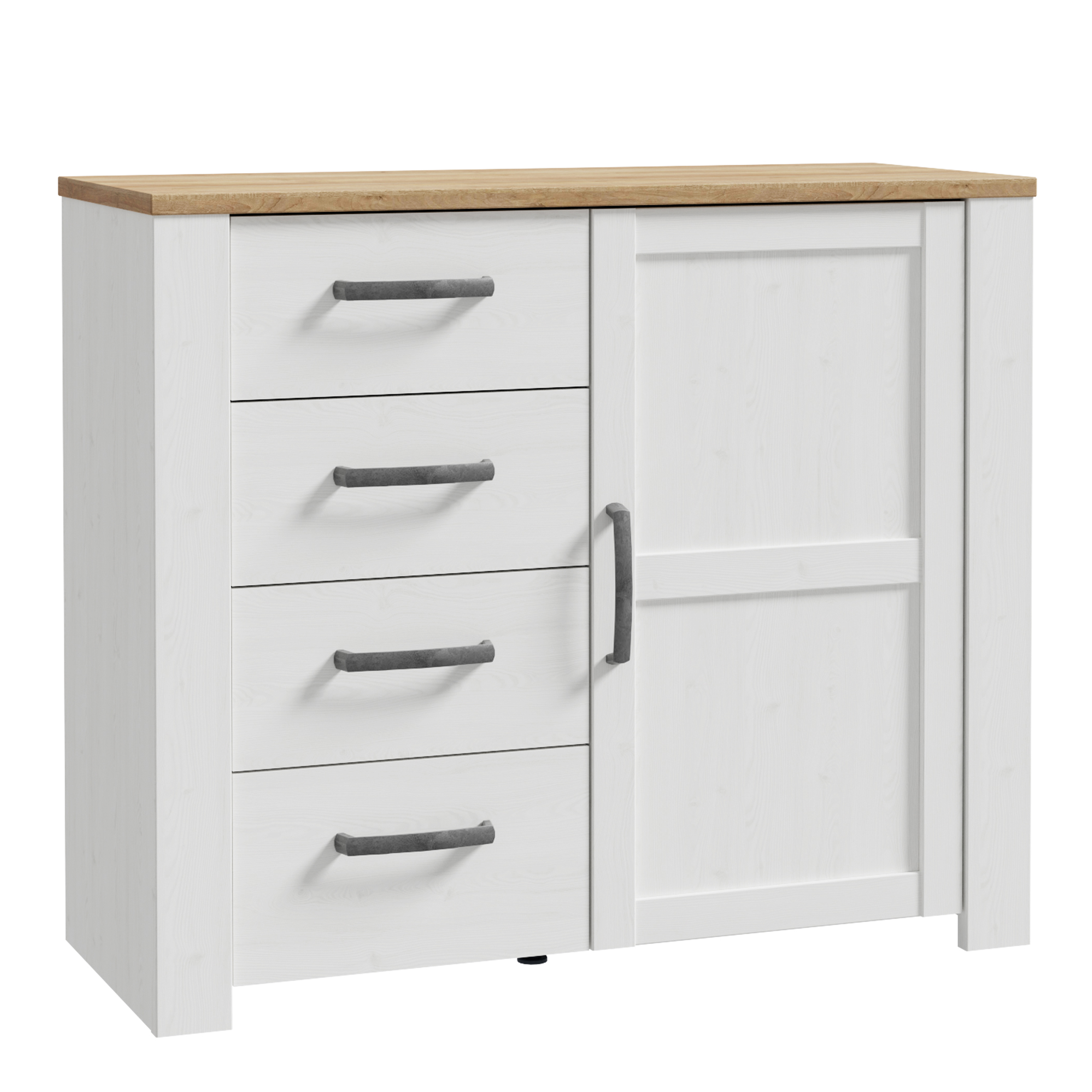 BUENOS 1 Door Sideboard with 4 Drawers - White with Oak Top